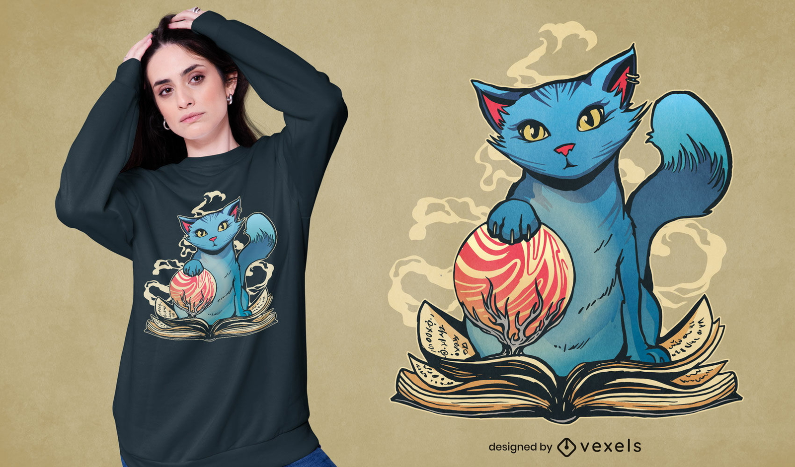 Gato mágico com design de camiseta de livro