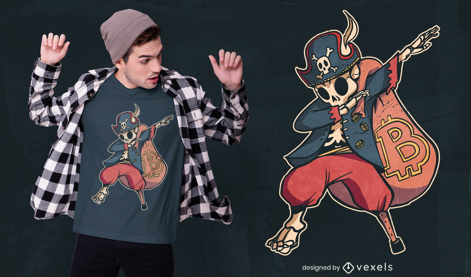 Dabbing design de camiseta pirata esqueleto criptográfico