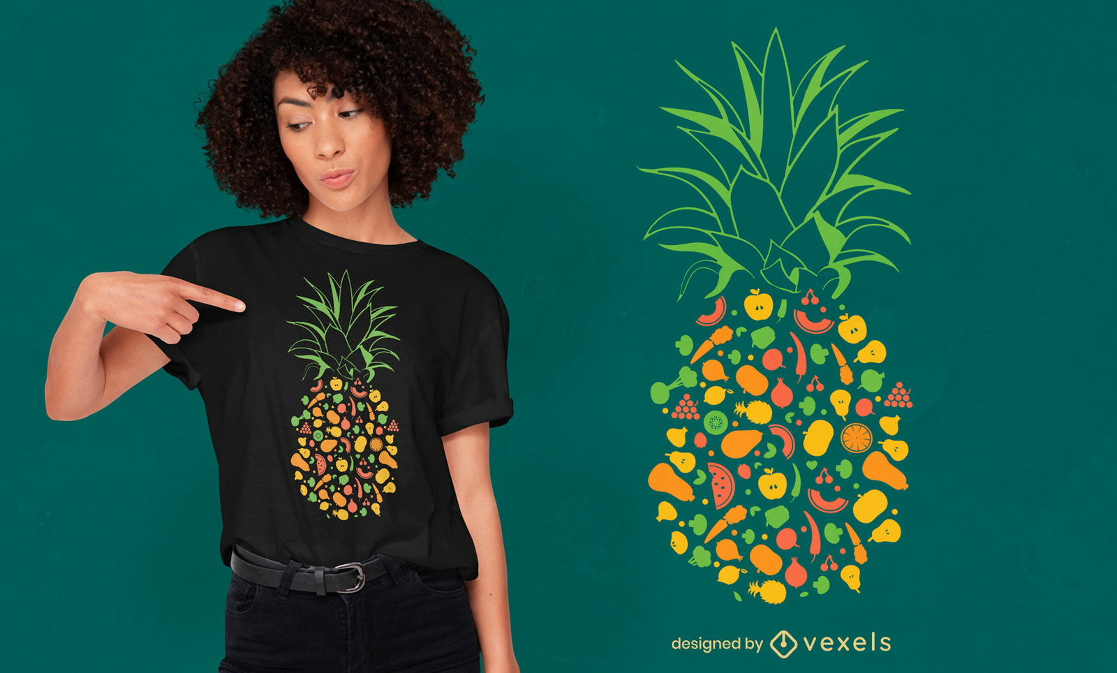 Diseño de camiseta de piña hecha de frutas.