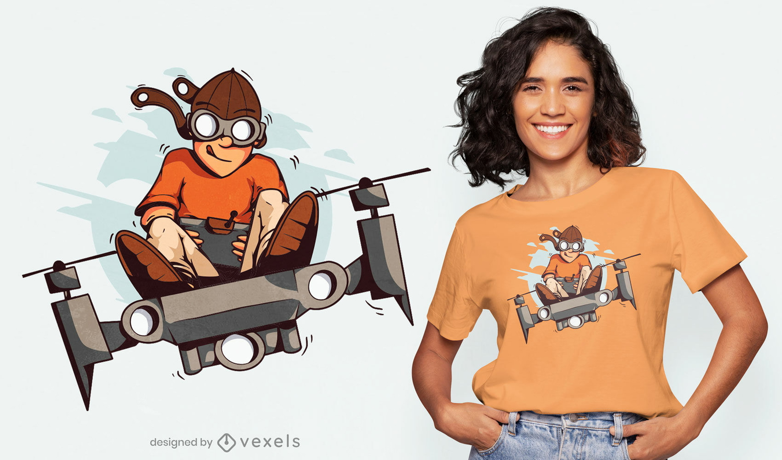 Desenho de t-shirt de dron piloto criança voando