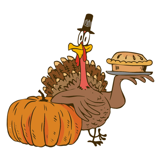 Cartoon turkey holding pumpkin pie PNG Design