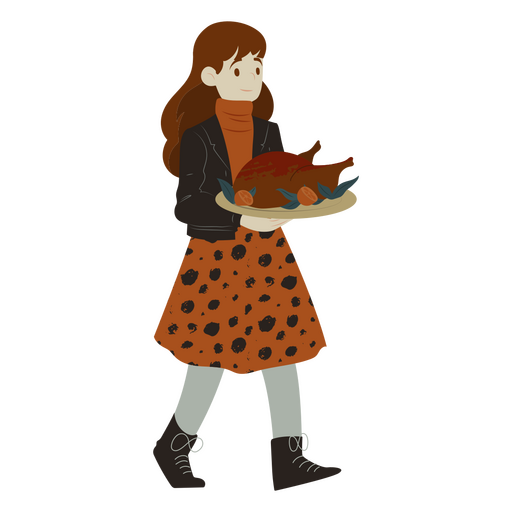 Girl carrying turkey in a plate PNG Design