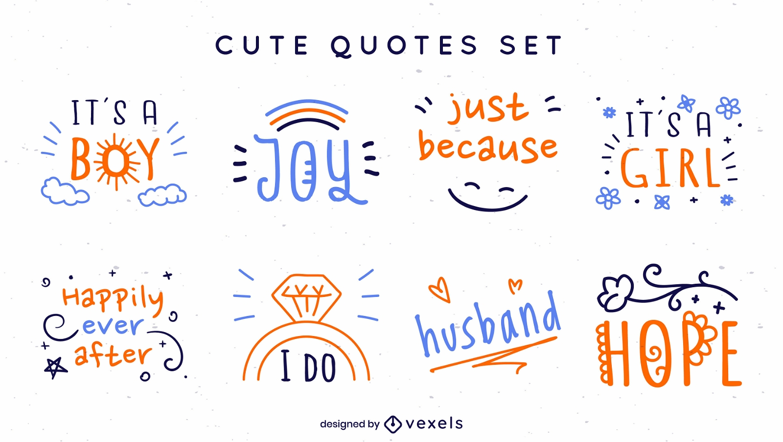 Doodle bebê e conjunto de citações de casamento