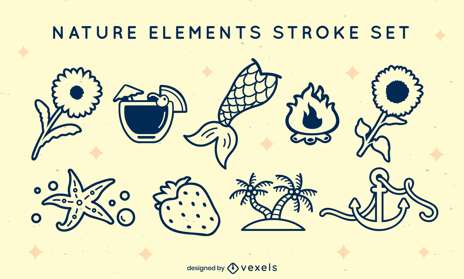 Elementos de natureza e praia preenchidos com traço