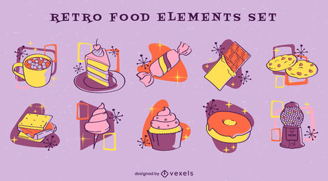 Conjunto de elementos de comida retro