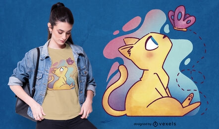 Diseño de camiseta de gato con mariposa psd