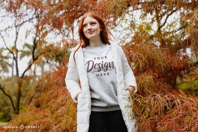 Girl in grey sweatshirt with jacket in forest mockup