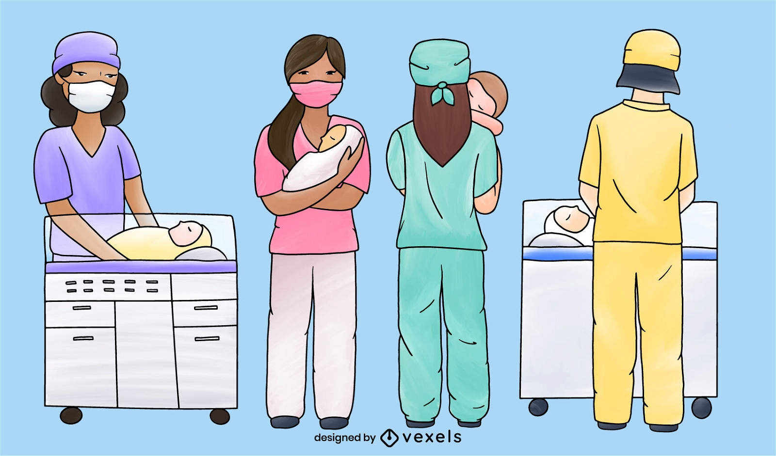 Enfermeiras com ilustração médica de bebês