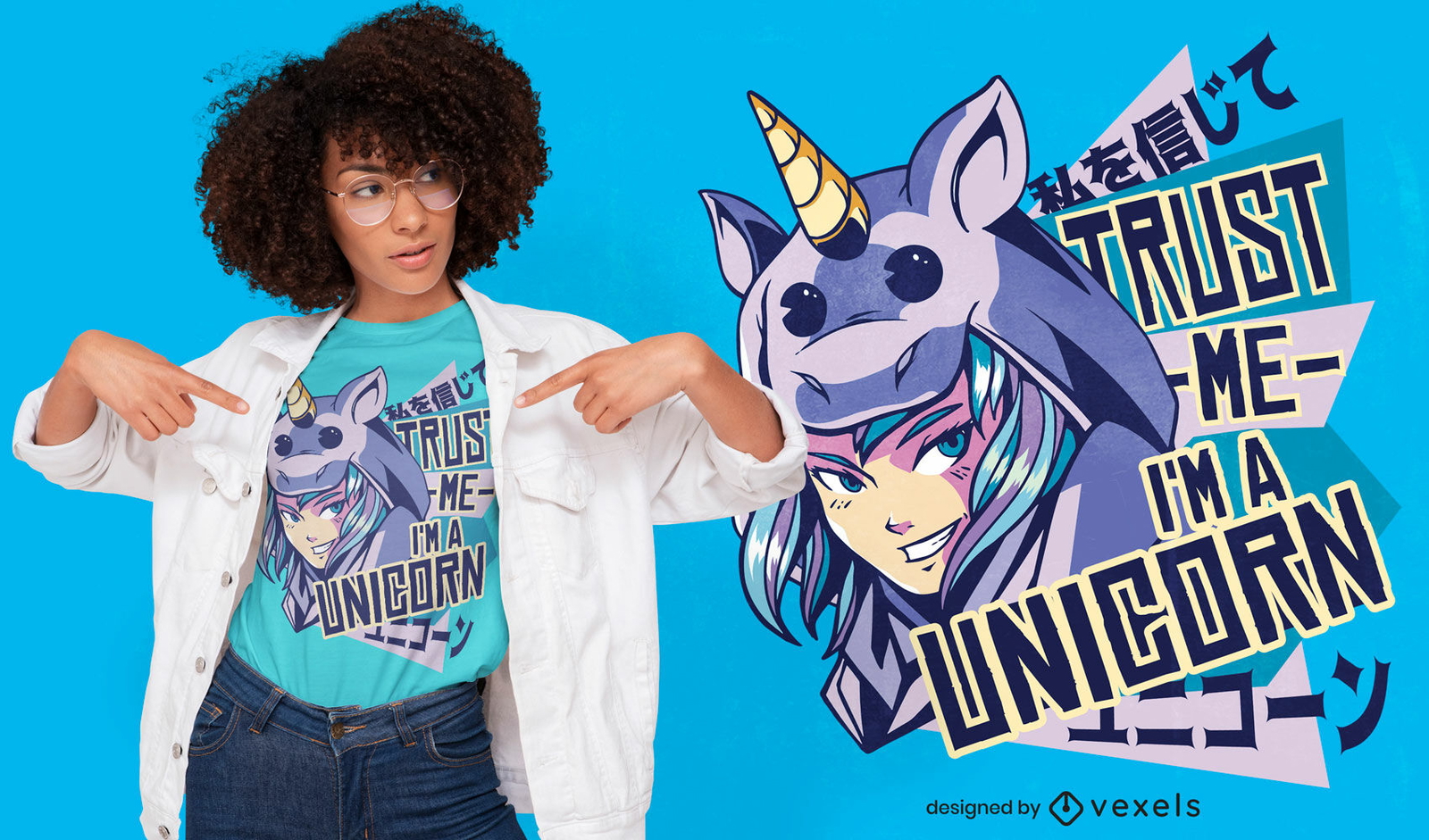 Garota anime com design de camiseta fantasia de unicórnio