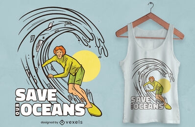 Diseño de camiseta de conciencia de contaminación de surf.