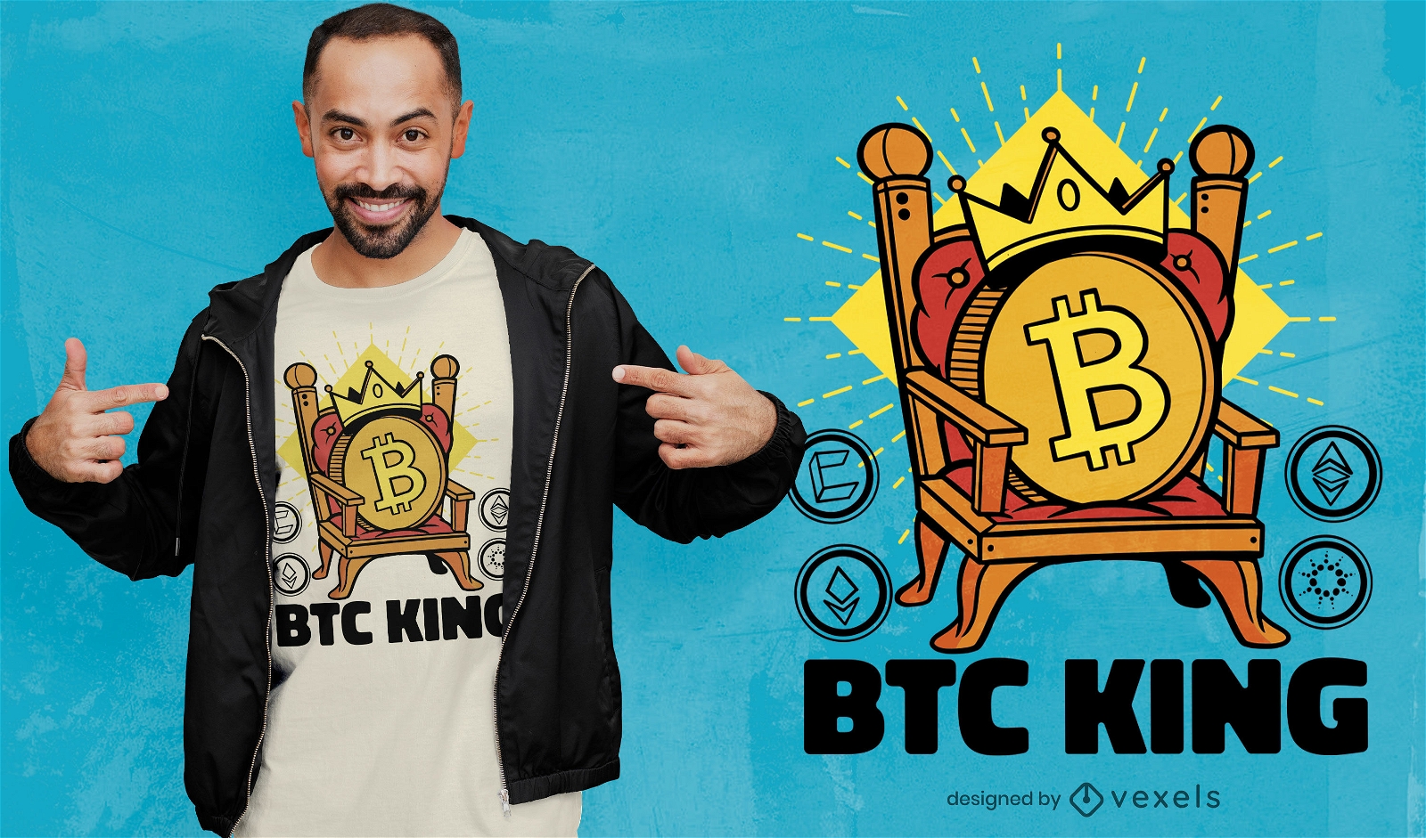 Design de camiseta do rei cripto Bitcoin