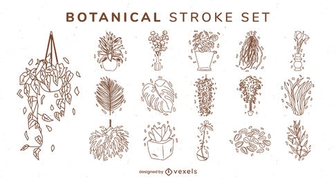 House plants and leaves stroke set