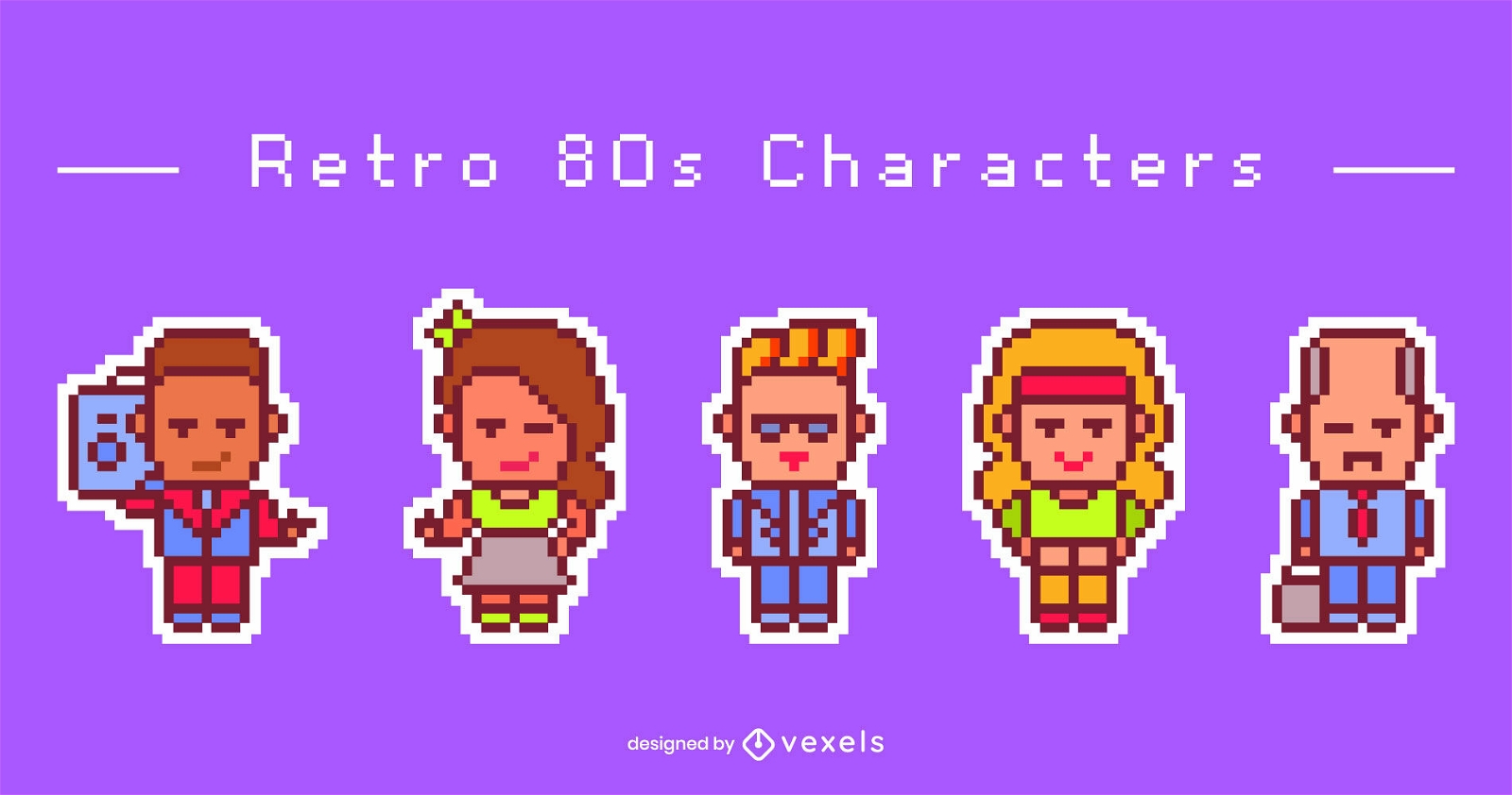 Characters of the 80s retro pixel art set 