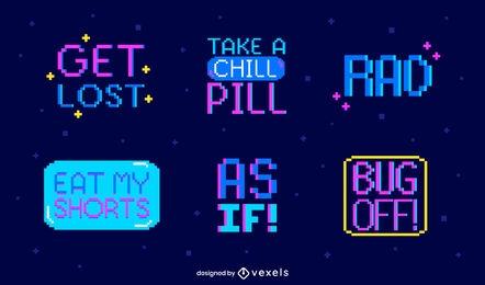 Conjunto de emblemas de pixel art com citações engraçadas