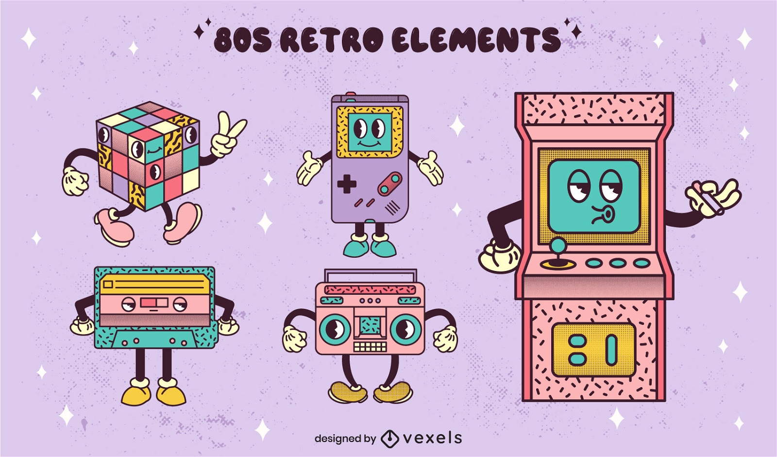 Personajes de juegos y tecnología retro de los 80