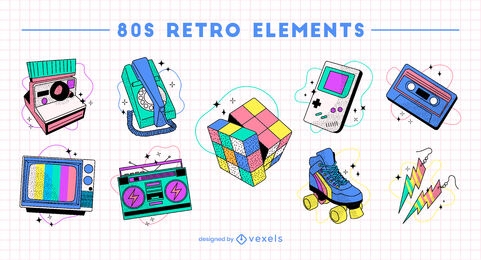 Conjunto de elementos retrô de hobbies divertidos dos anos 80