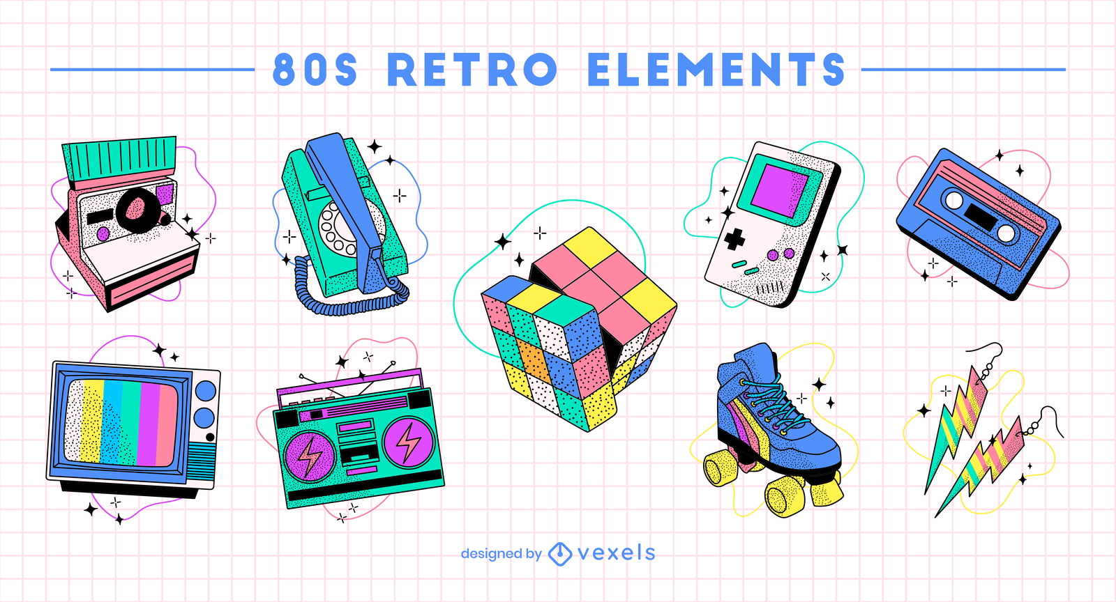 Fun 80's hobbies retro elements set