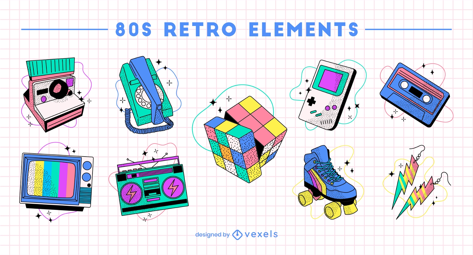 Lustiges 80er Hobbies Retro-Elemente-Set