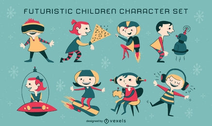 Children futuristic retro cartoon set