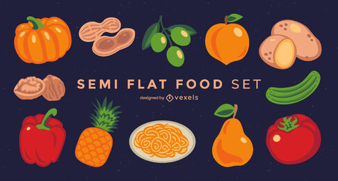 Conjunto de alimentos e ingredientes semi planos