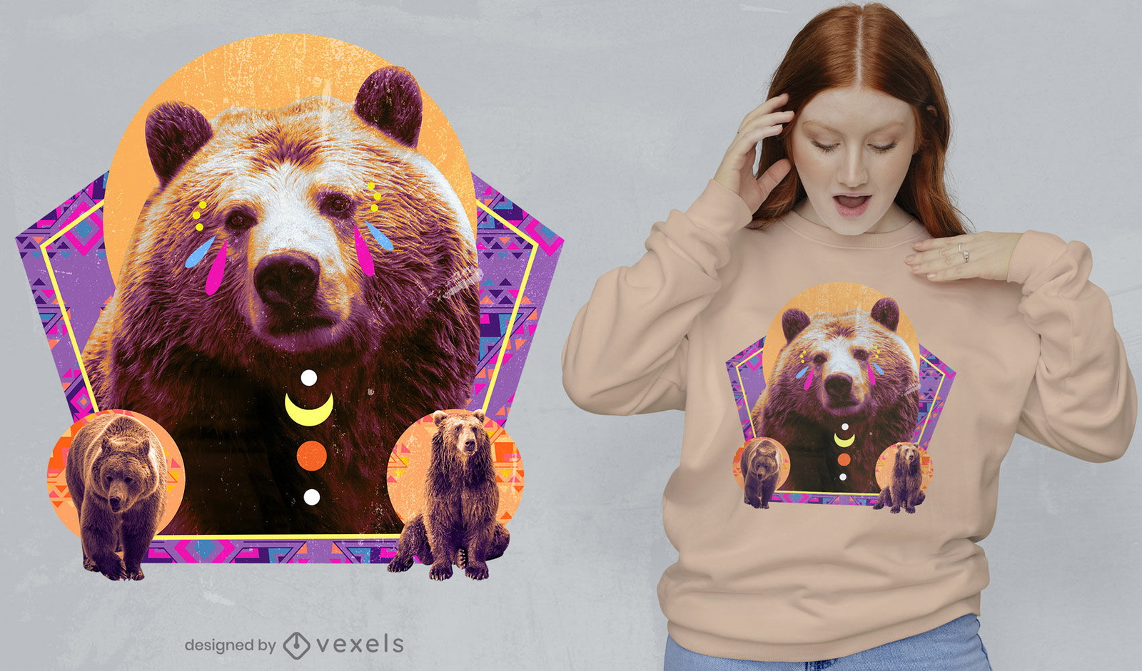 Oso con elementos geométricos diseño de camiseta psd