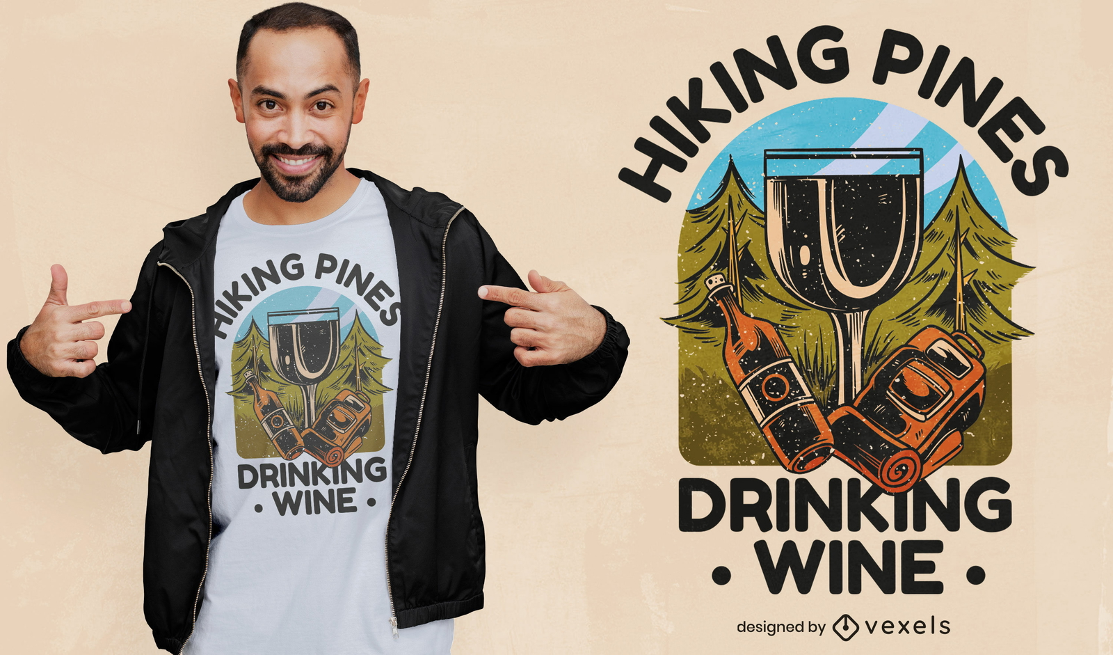 Diseño de camiseta de senderismo y beber vino.