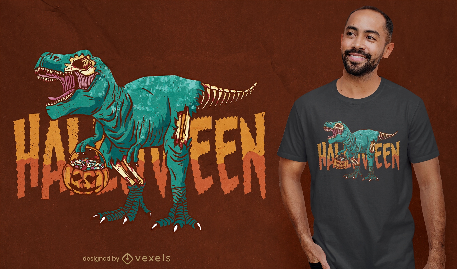 Diseño de camiseta zombie Halloween t-rex