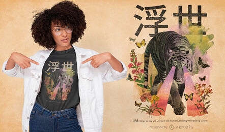 Japanischer Text mit Tiger-PSD-T-Shirt-Design
