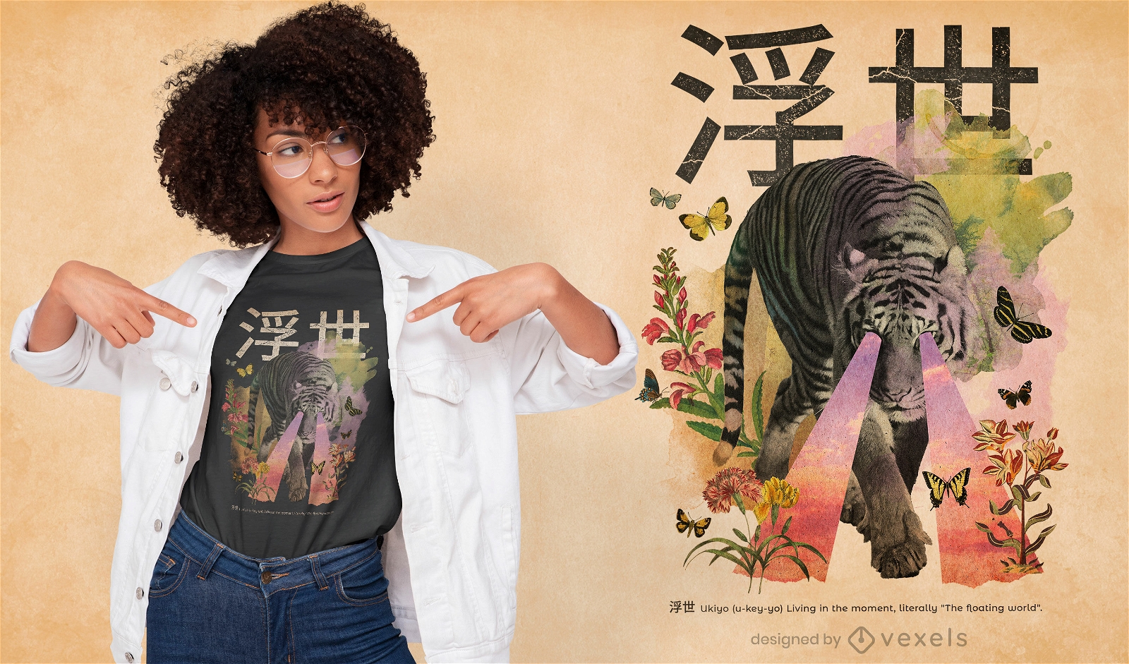 Texto em japonês com design de camiseta tigre psd