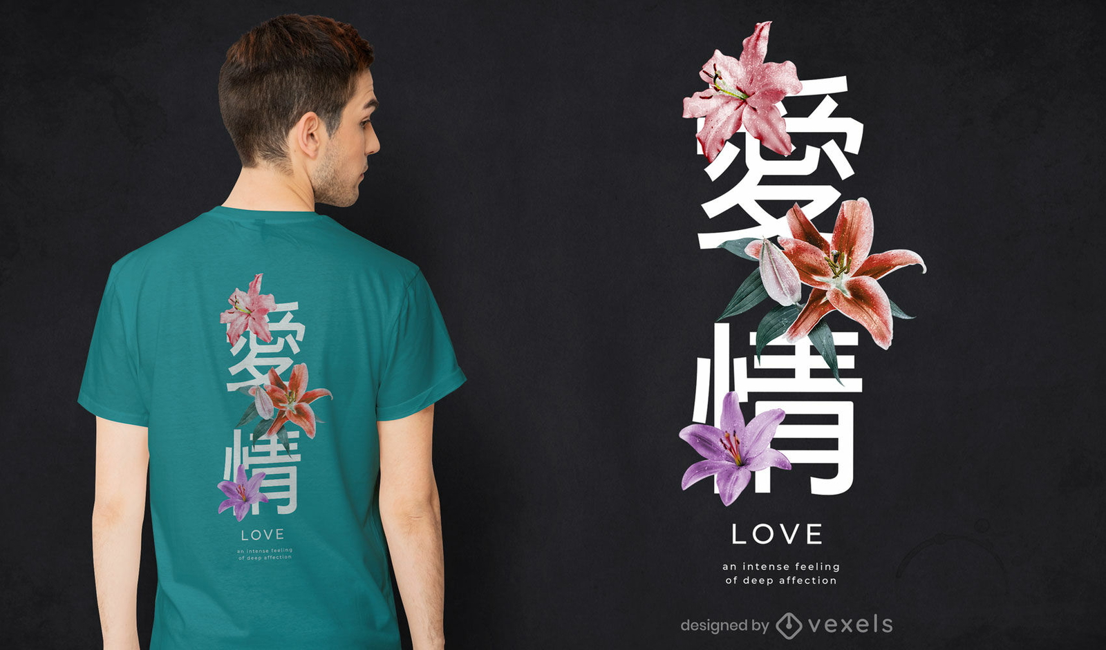 Texto em japonês com design de camisetas de flores psd