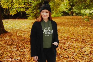 Autumn ginger girl with beanie hoodie mockup
