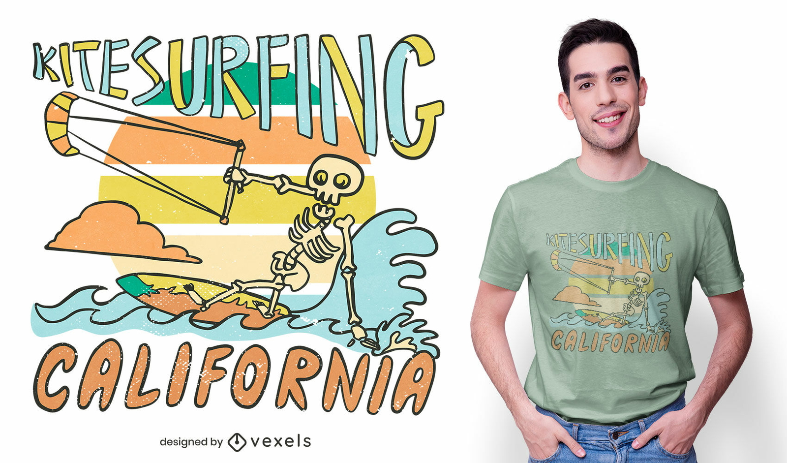 Diseño de camiseta de esqueleto de kitesurf.