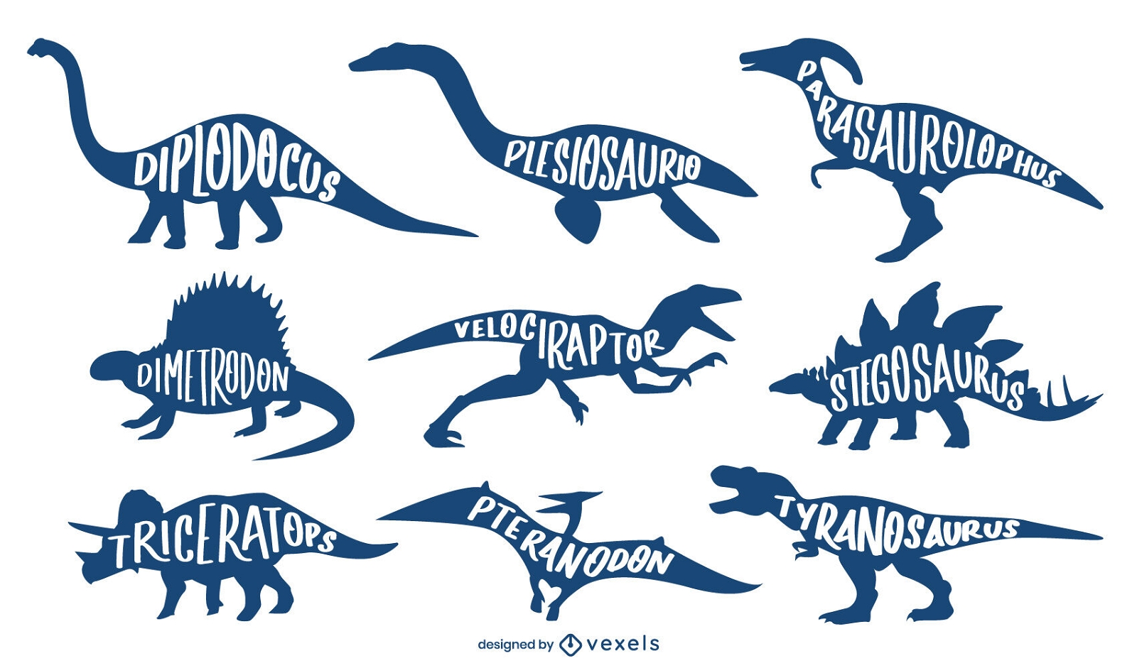 Conjunto de nomes de animais com silhuetas de dinossauros