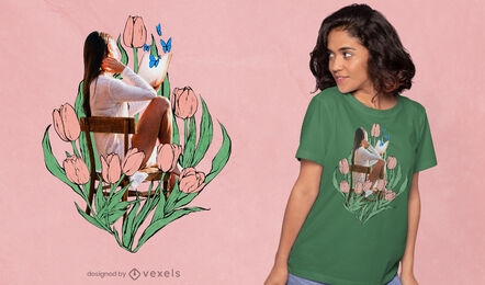 Menina na cadeira com desenho de t-shirt de tulipas desenhadas
