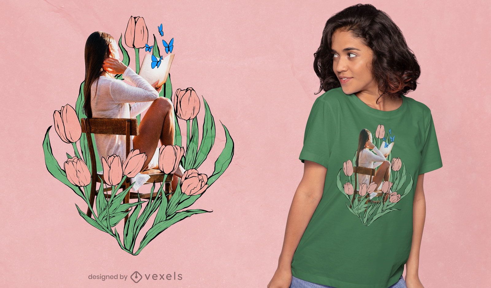 Mädchen im Stuhl mit gezeichnetem Tulpen-T-Shirt-Design