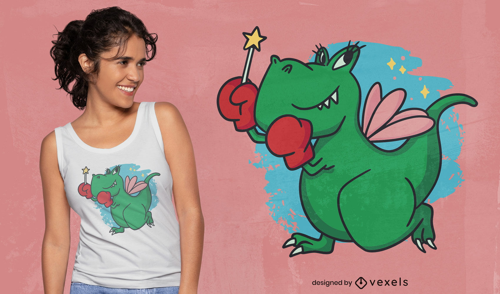 Diseño de camiseta de hadas boxer dinosaurio t-rex