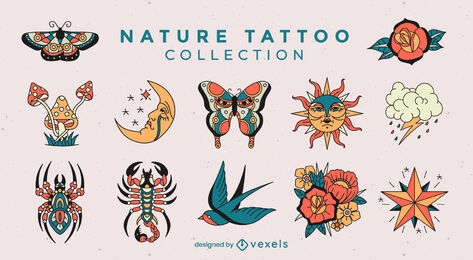Nature elements set in tattoo style