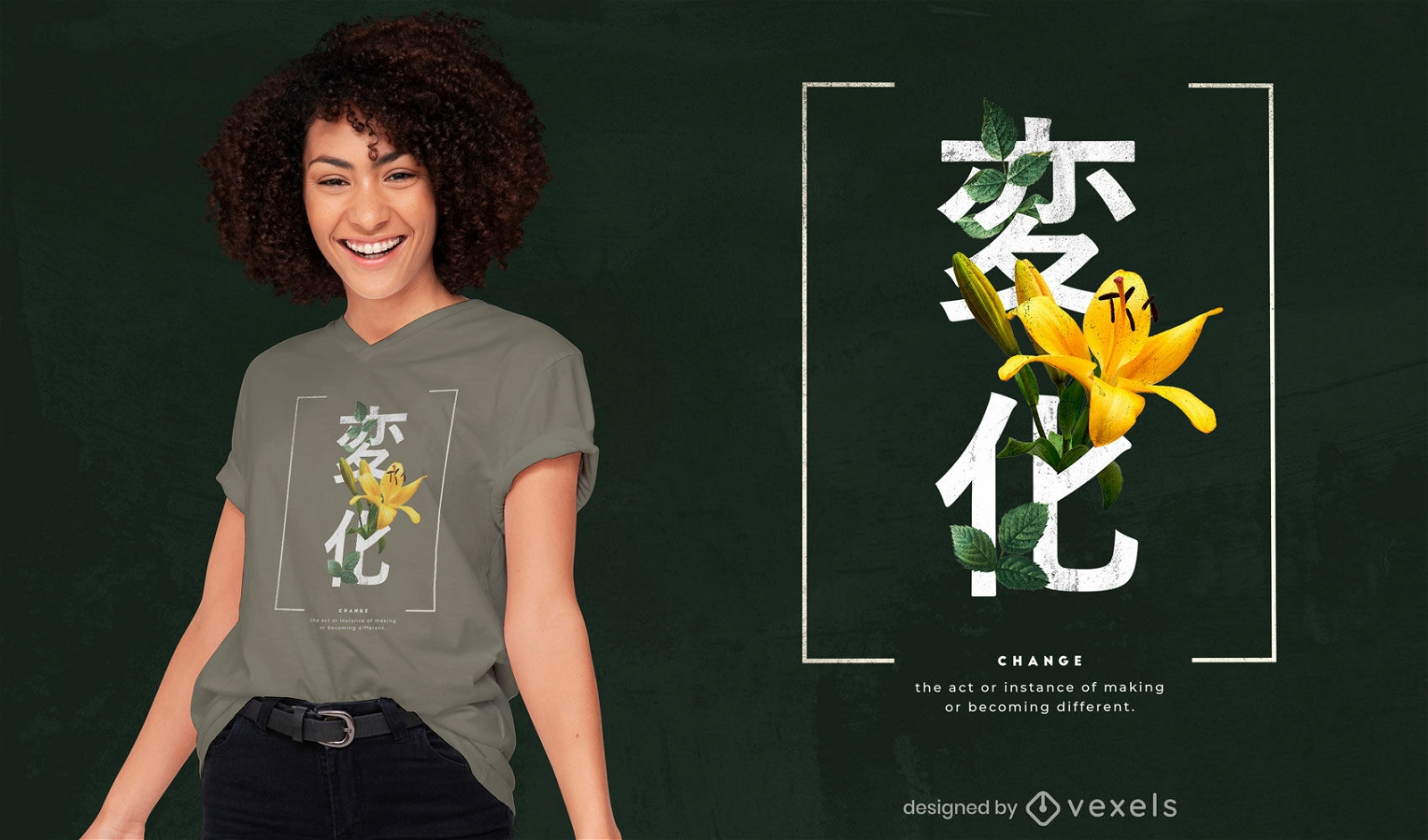 Japanese kanjis with flowers psd t-shirt design