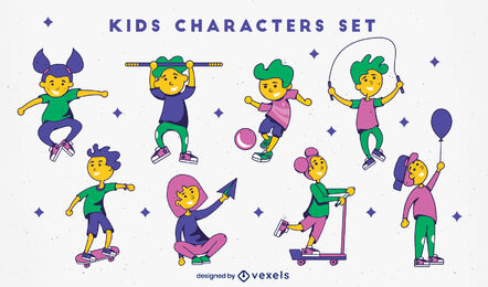 Kids characters color stroke set