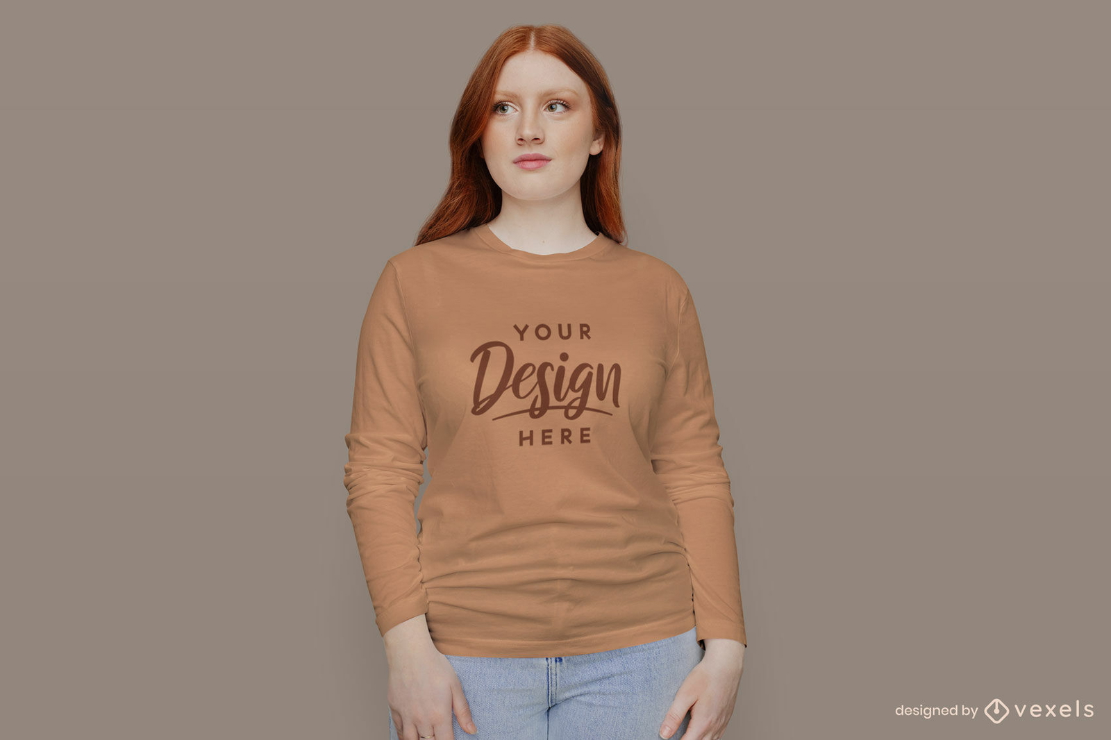 Girl in orange long sleeve t-shirt mockup