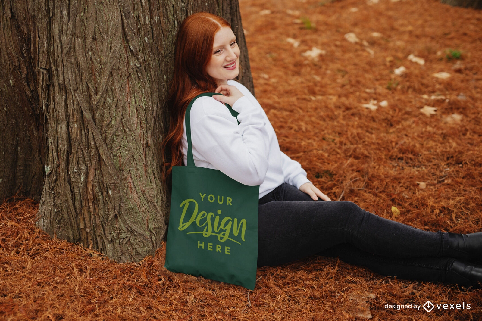 Tote bag ginger girl in fall forest mockup