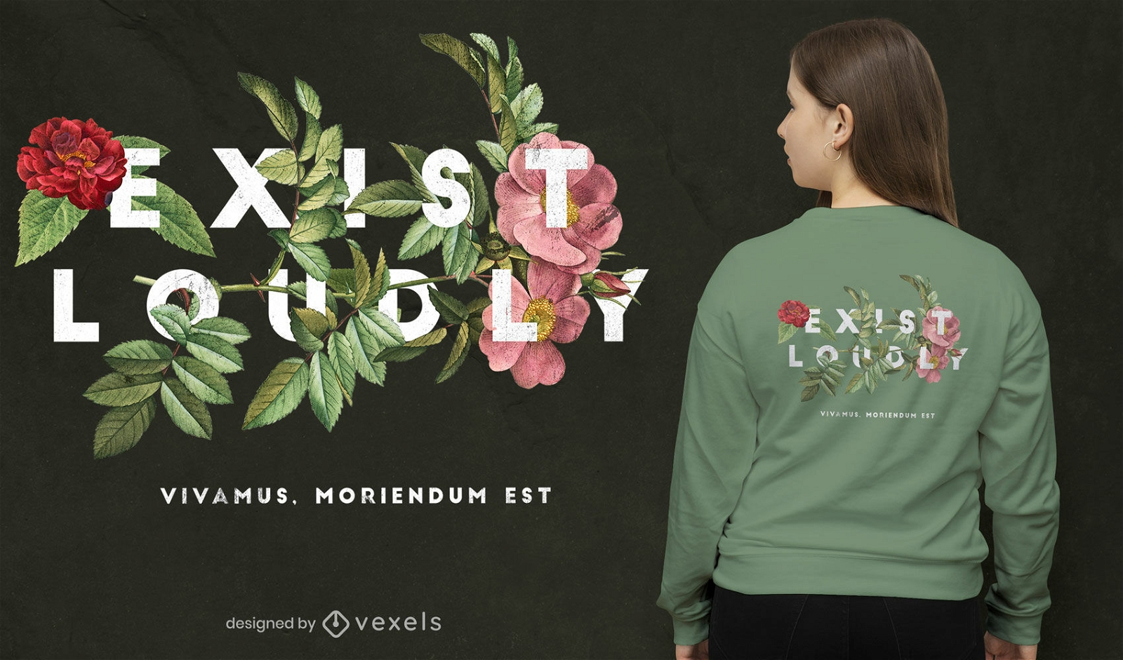 Existieren Sie laut Blumen PSD T-Shirt Design