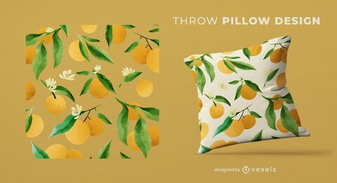 Desenho de travesseiro com padrão de laranjas em aquarela