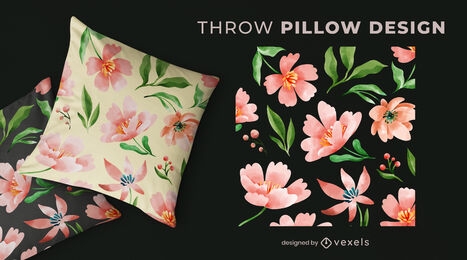Watercolor pink flowers pattern pillow design