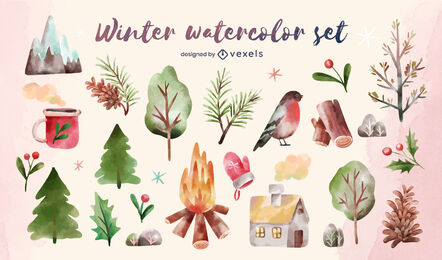 Winter nature elements watercolor set