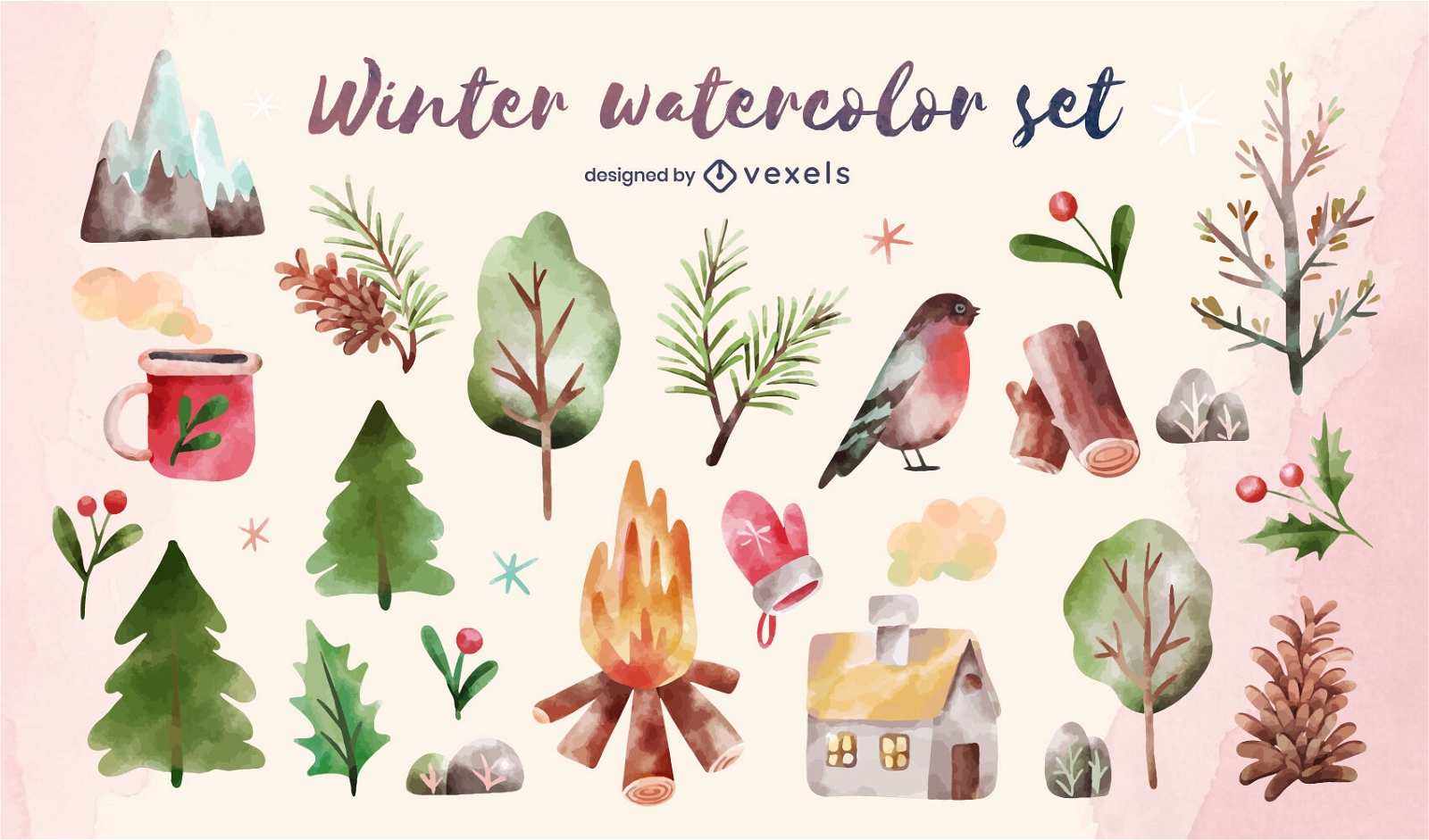 Conjunto de aquarela de elementos de natureza de inverno