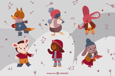 Cute animals winter clothes character set