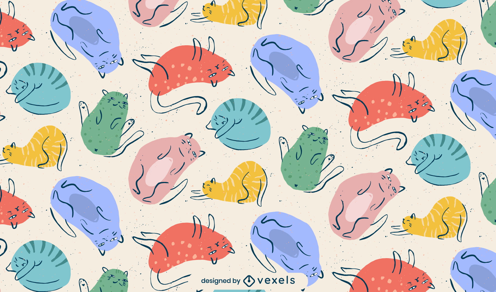 Diseño de patrón colorido doodle de animales gato