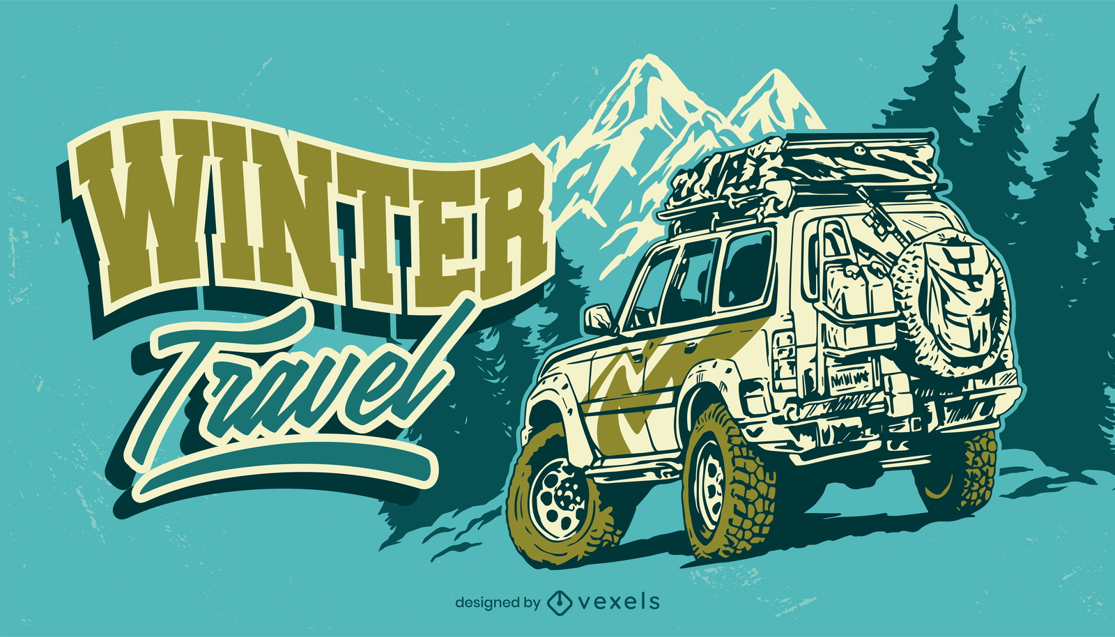 Ilustración de aventura de invierno de coche de viaje por carretera