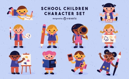 Conjunto fofo de personagens de crianças em idade escolar